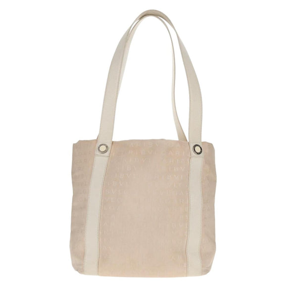 BVLGARI Logo Mania Tote Bag Canvas Leather Beige Silver Auth 158698