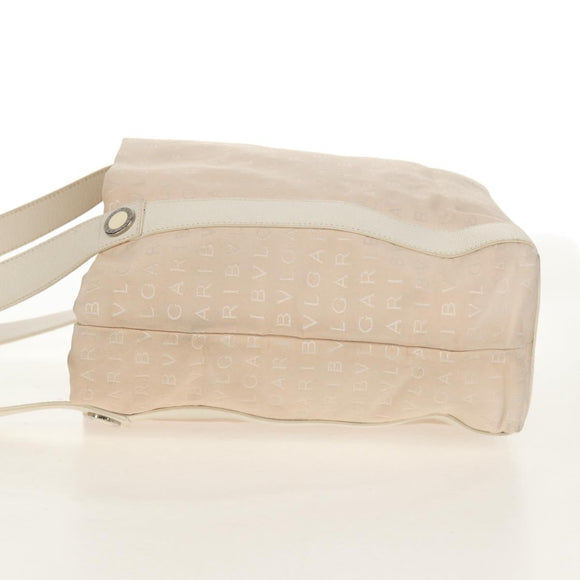 BVLGARI Logo Mania Tote Bag Canvas Leather Beige Silver Auth 158698