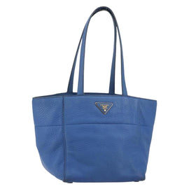 PRADA Tote Bag Vitello Dino Leather Blue Gold Auth 158702