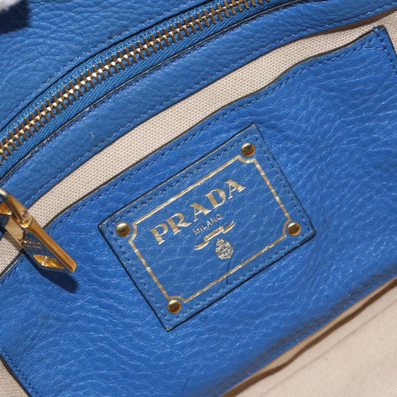 PRADA Tote Bag Vitello Dino Leather Blue Gold Auth 158702