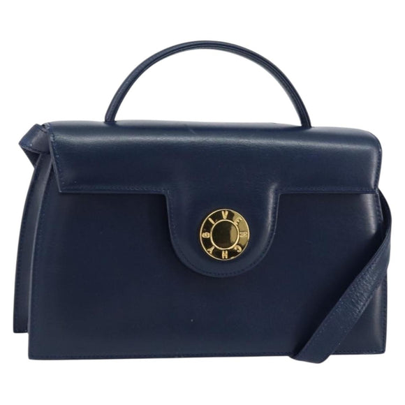 GIVENCHY Hand Bag Leather 2way Navy Gold Auth 158713