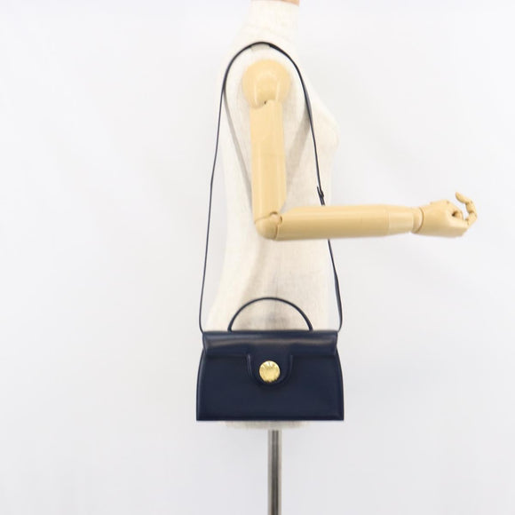 GIVENCHY Hand Bag Leather 2way Navy Gold Auth 158713