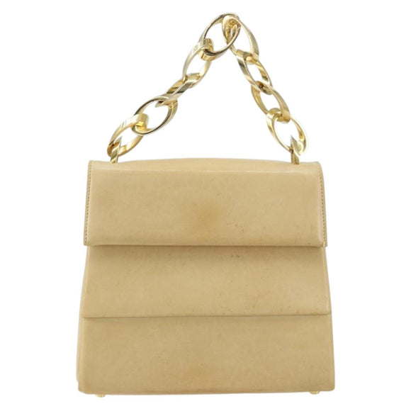 Salvatore Ferragamo Chain Hand Bag Leather Beige Gold Auth 158714