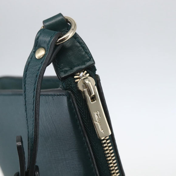 Salvatore Ferragamo Gancini Accessory Pouch Leather Green Silver Auth 158715