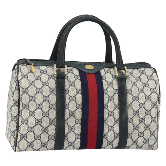 GUCCI GG Supreme Sherry Line Boston Bag PVC Navy Gold 010 378 Auth 158801