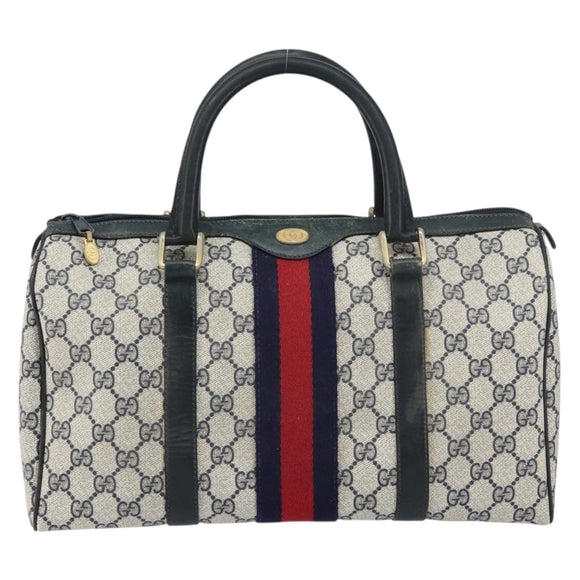 GUCCI GG Supreme Sherry Line Boston Bag PVC Navy Gold 010 378 Auth 158801