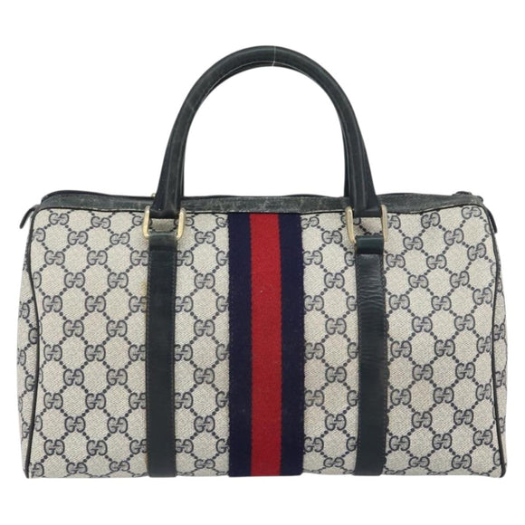 GUCCI GG Supreme Sherry Line Boston Bag PVC Navy Gold 010 378 Auth 158801