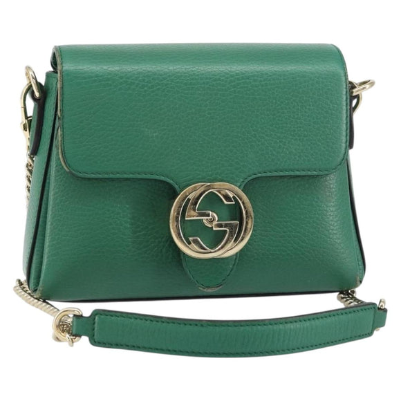 GUCCI Interlocking G Chain Shoulder Bag Leather Green Gold 607720 Auth 158806