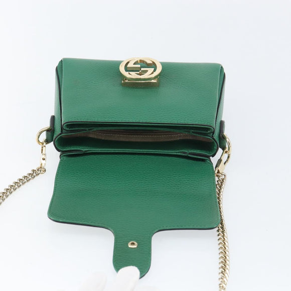 GUCCI Interlocking G Chain Shoulder Bag Leather Green Gold 607720 Auth 158806