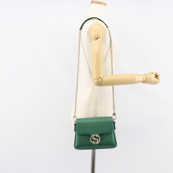 GUCCI Interlocking G Chain Shoulder Bag Leather Green Gold 607720 Auth 158806