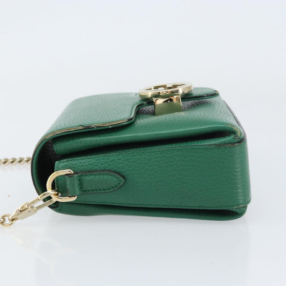 GUCCI Interlocking G Chain Shoulder Bag Leather Green Gold 607720 Auth 158806