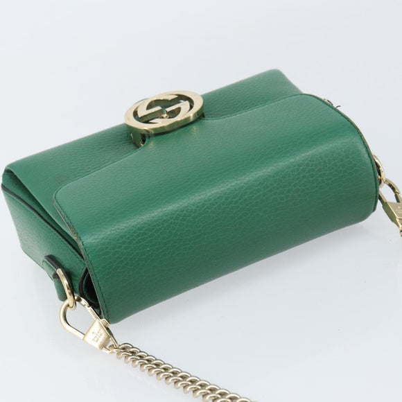 GUCCI Interlocking G Chain Shoulder Bag Leather Green Gold 607720 Auth 158806