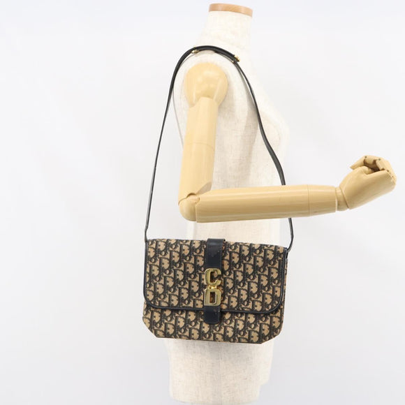 Christian Dior Trotter Canvas Shoulder Bag Navy Gold Auth 158813