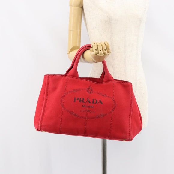 PRADA Canapa MM Hand Bag Canvas Red Gold Auth 158822