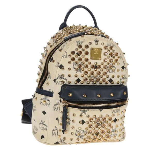 MCM Vicetos Logogram Backpack PVC Leather White Gold Auth 158824