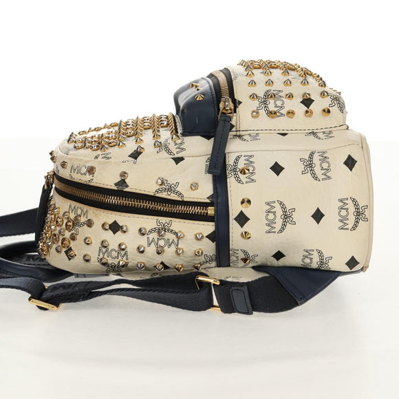 MCM Vicetos Logogram Backpack PVC Leather White Gold Auth 158824