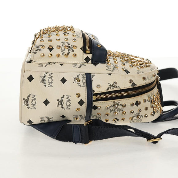 MCM Vicetos Logogram Backpack PVC Leather White Gold Auth 158824