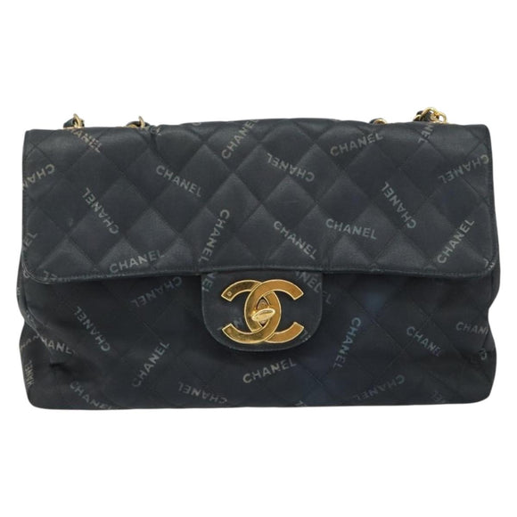 CHANEL Matelasse 34 Chain Shoulder Bag Coated Canvas Black Gold CC Auth 158838