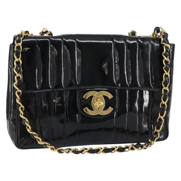 CHANEL Matelasse 30 Chain Shoulder Bag Enamel Black Gold CC Auth 158839