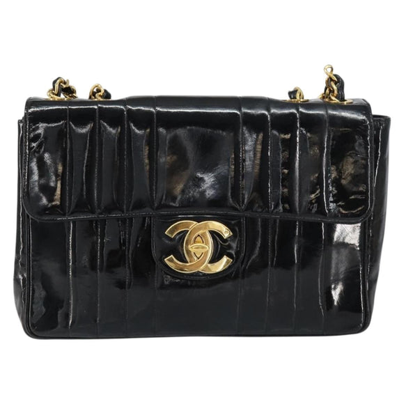 CHANEL Matelasse 30 Chain Shoulder Bag Enamel Black Gold CC Auth 158839