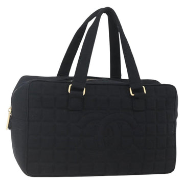 CHANEL Choco Bar Hand Bag Cotton Black Gold CC Auth 158843