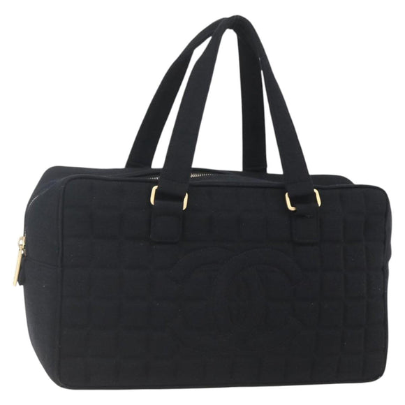 CHANEL Choco Bar Hand Bag Cotton Black Gold CC Auth 158843