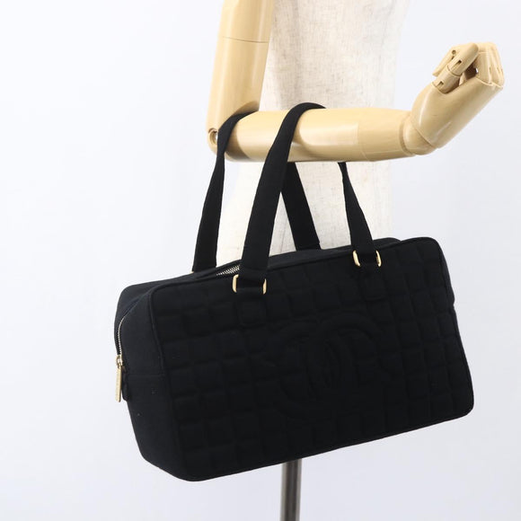 CHANEL Choco Bar Hand Bag Cotton Black Gold CC Auth 158843