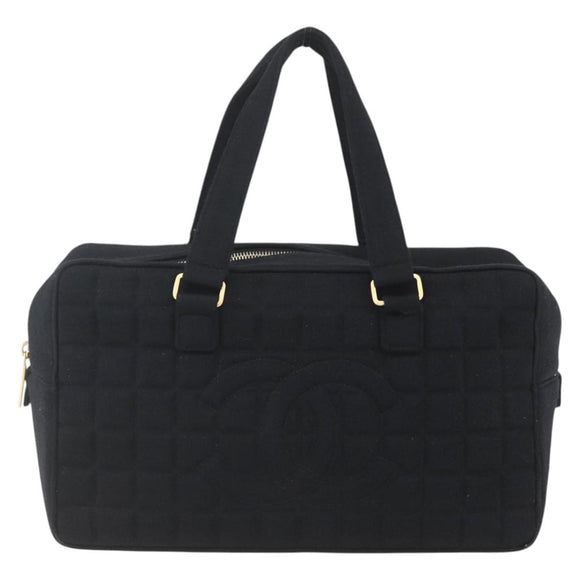 CHANEL Choco Bar Hand Bag Cotton Black Gold CC Auth 158843