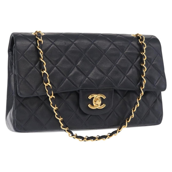 CHANEL Matelasse 25 Double Flap Chain Bag Lamb Skin Navy Gold CC Auth 158857SM