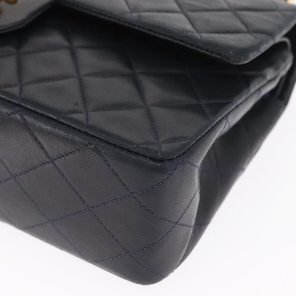 CHANEL Matelasse 25 Double Flap Chain Bag Lamb Skin Navy Gold CC Auth 158857SM