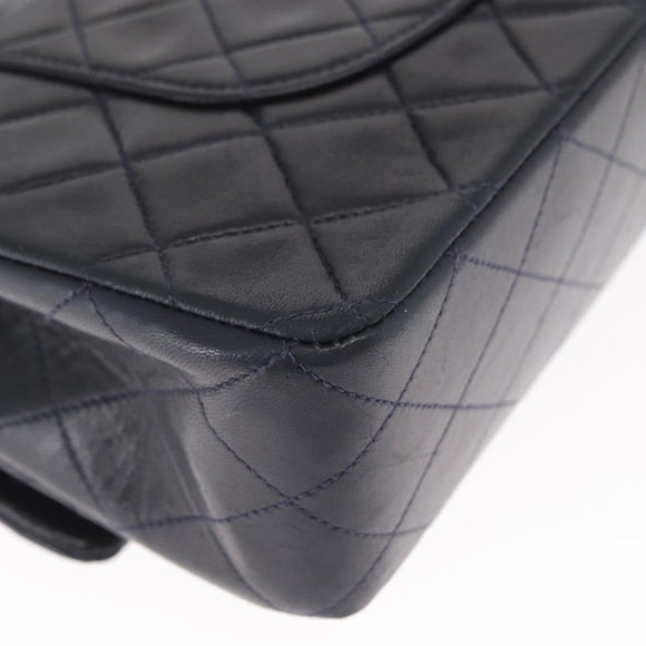 CHANEL Matelasse 25 Double Flap Chain Bag Lamb Skin Navy Gold CC Auth 158857SM