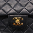 CHANEL Matelasse 25 Double Flap Chain Bag Lamb Skin Navy Gold CC Auth 158857SM-19