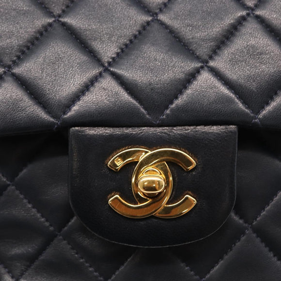 CHANEL Matelasse 25 Double Flap Chain Bag Lamb Skin Navy Gold CC Auth 158857SM