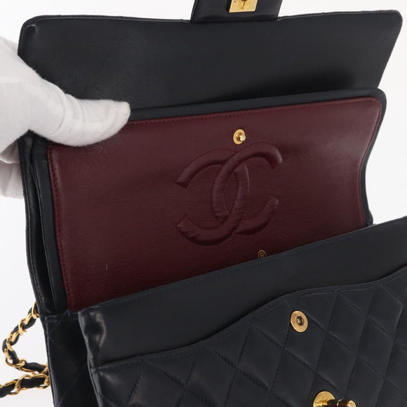 CHANEL Matelasse 25 Double Flap Chain Bag Lamb Skin Navy Gold CC Auth 158857SM