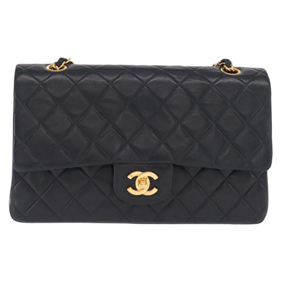 CHANEL Matelasse 25 Double Flap Chain Bag Lamb Skin Navy Gold CC Auth 158857SM