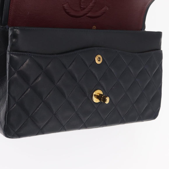 CHANEL Matelasse 25 Double Flap Chain Bag Lamb Skin Navy Gold CC Auth 158857SM