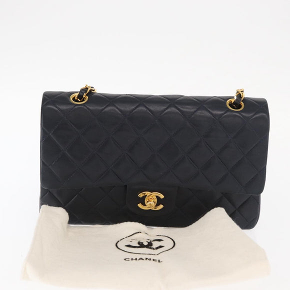CHANEL Matelasse 25 Double Flap Chain Bag Lamb Skin Navy Gold CC Auth 158857SM