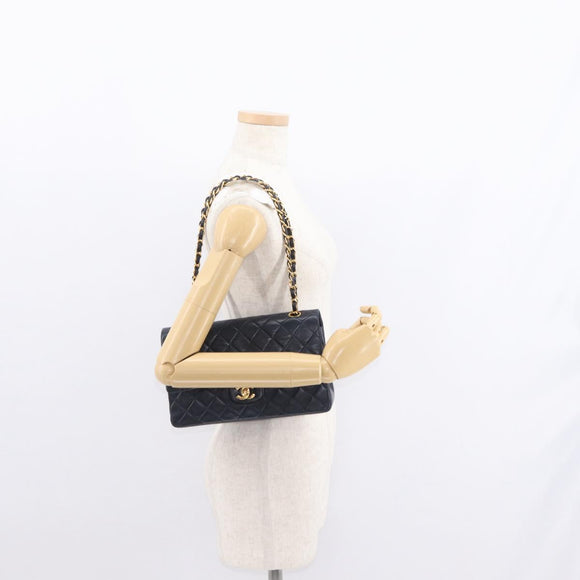 CHANEL Matelasse 25 Double Flap Chain Bag Lamb Skin Navy Gold CC Auth 158857SM