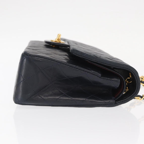 CHANEL Matelasse 25 Double Flap Chain Bag Lamb Skin Navy Gold CC Auth 158857SM