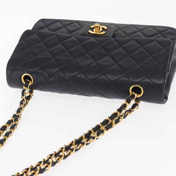 CHANEL Matelasse 25 Double Flap Chain Bag Lamb Skin Navy Gold CC Auth 158857SM