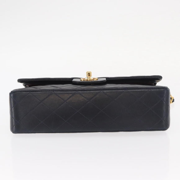 CHANEL Matelasse 25 Double Flap Chain Bag Lamb Skin Navy Gold CC Auth 158857SM