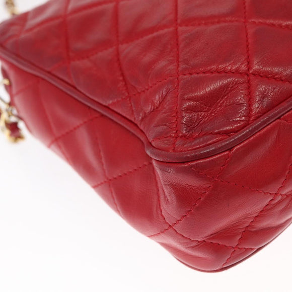 CHANEL Matelasse Chain Shoulder Bag Lamb Skin Red Gold CC Auth 158858