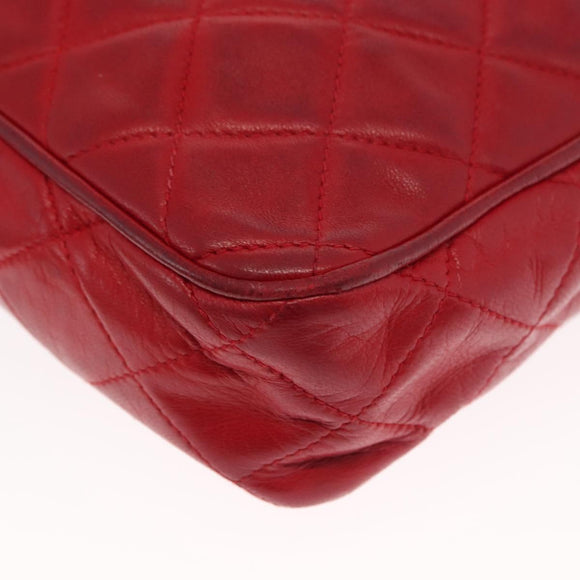 CHANEL Matelasse Chain Shoulder Bag Lamb Skin Red Gold CC Auth 158858