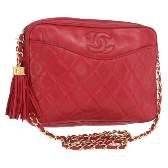 CHANEL Matelasse Chain Shoulder Bag Lamb Skin Red Gold CC Auth 158858