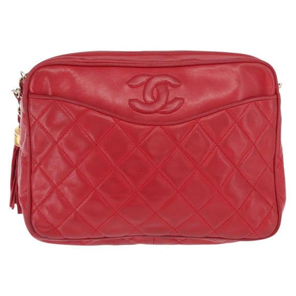 CHANEL Matelasse Chain Shoulder Bag Lamb Skin Red Gold CC Auth 158858