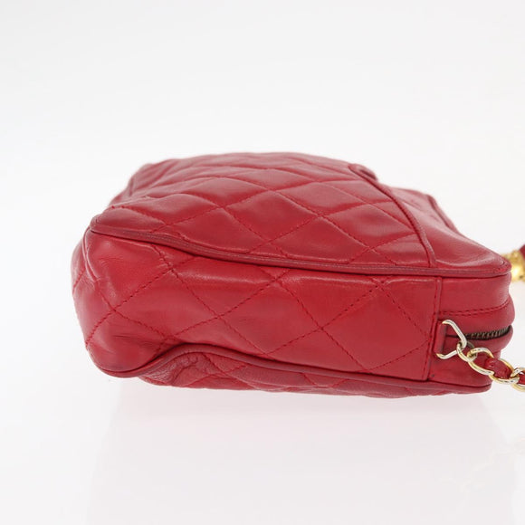 CHANEL Matelasse Chain Shoulder Bag Lamb Skin Red Gold CC Auth 158858
