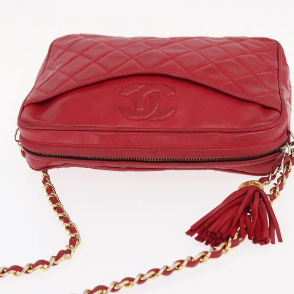 CHANEL Matelasse Chain Shoulder Bag Lamb Skin Red Gold CC Auth 158858