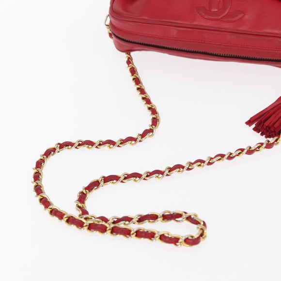 CHANEL Matelasse Chain Shoulder Bag Lamb Skin Red Gold CC Auth 158858