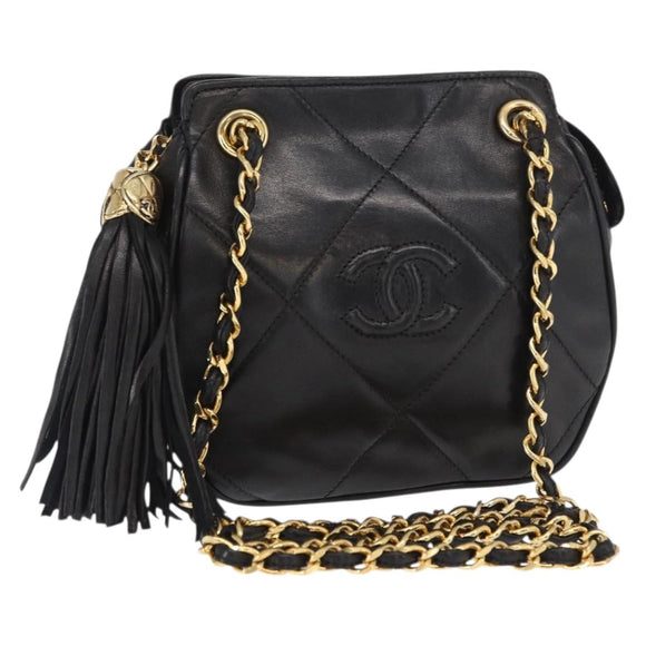 CHANEL Chain Matelasse Shoulder Bag Lamb Skin Black Gold CC Auth 158859V