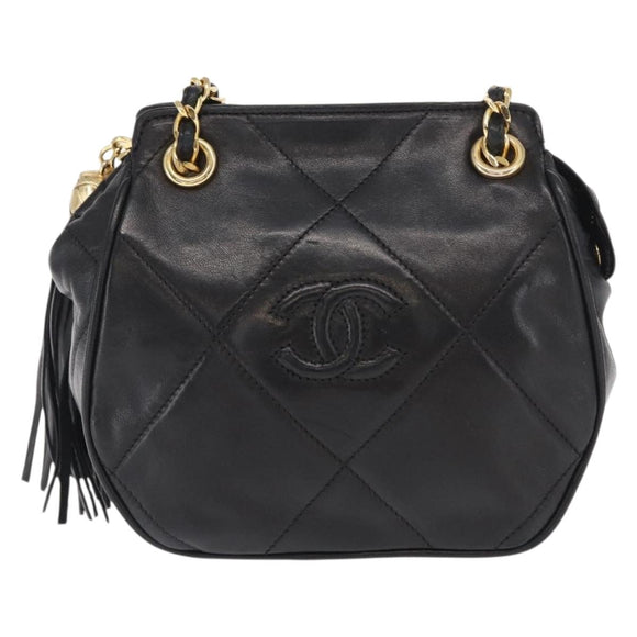 CHANEL Chain Matelasse Shoulder Bag Lamb Skin Black Gold CC Auth 158859V